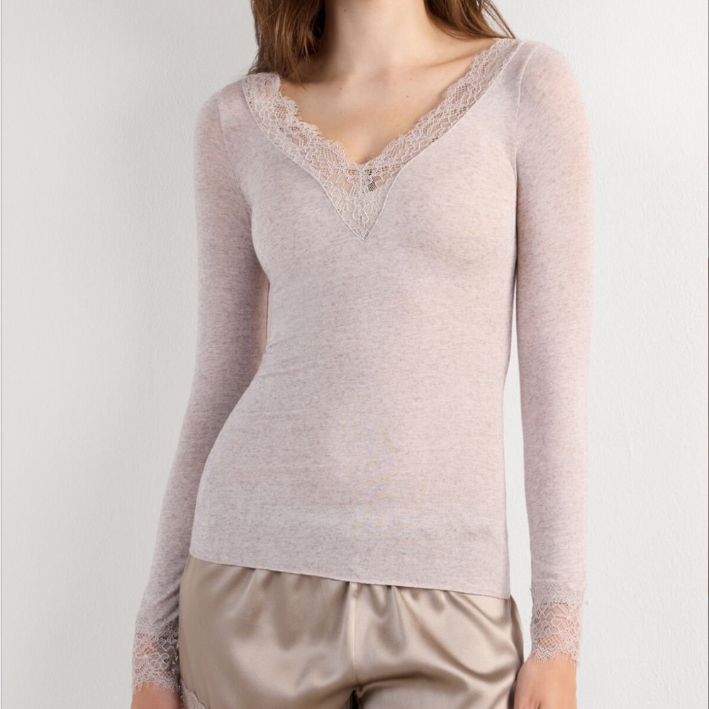 Intimissimi Ultralight Cashmere Lace V-Neck Long Sleeve Top Heather Shell Beige